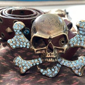 Leatherock Brown Belt with Gold Skull and Blue Accents